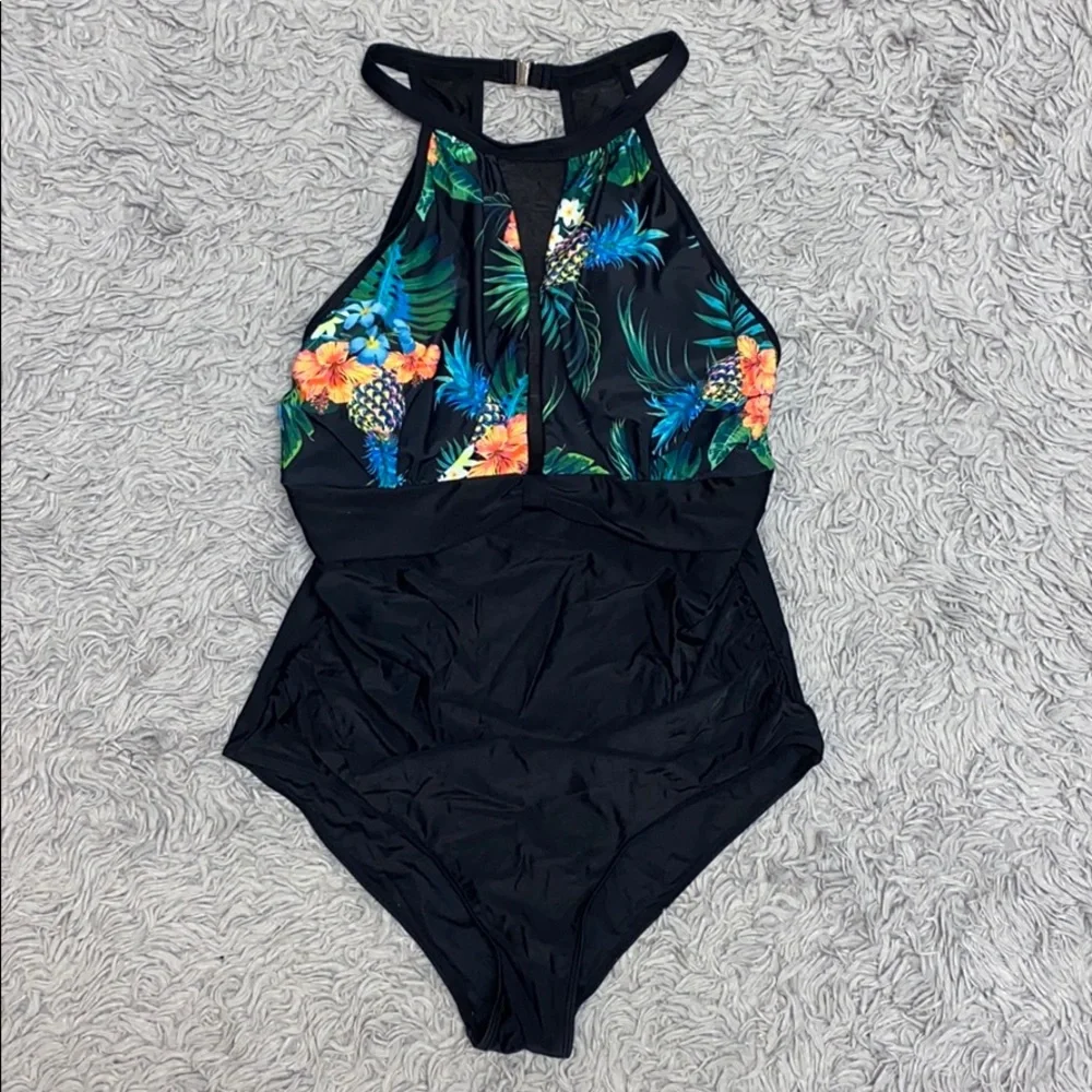 Tropical Swimsuit Black High Neck Mesh One Piece S Small New